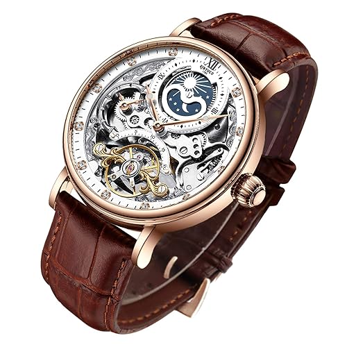 Bestn Mens Luxury Skeleton Automatic Mechanical Wrist Watches Leather Moon