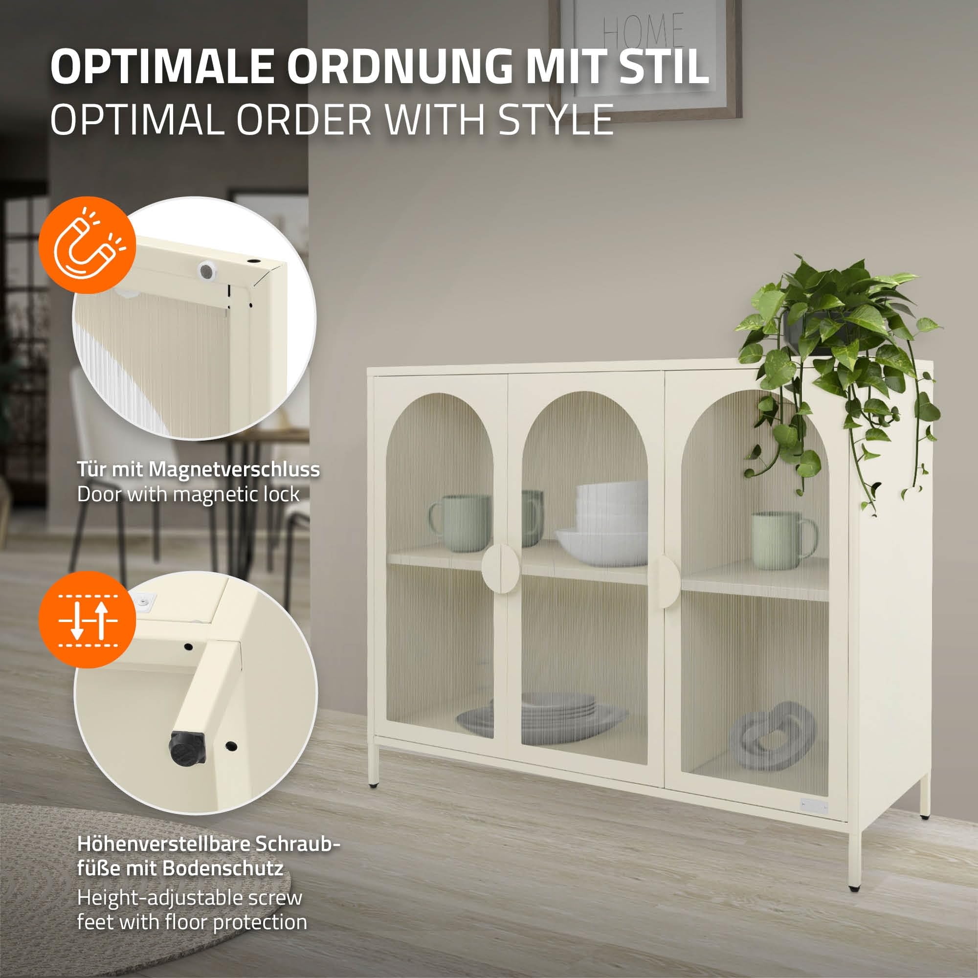 ML-Design Vitrinenschrank 120x93x40 cm aus Stahl, Creme, Sideboard mit 4 Ablage-/Regalfächer & 3 Türen, Metall Kommode mit verstellbaren Füßen, Vitrine, Highboard, Aufbewahrungsschrank für Wohnzimmer