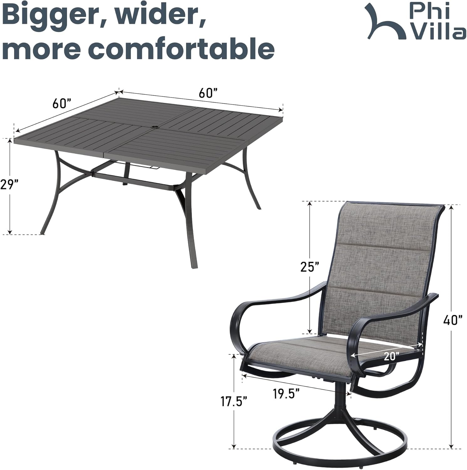 PHI VILLA 9 Pcs Patio Dining Set with Large Square Metal Dining Table & 8 Outdoor Padded Textilene Fabric Swivel Dining Chairs, Outside Table Chair Furniture Dining Set for 8 Person