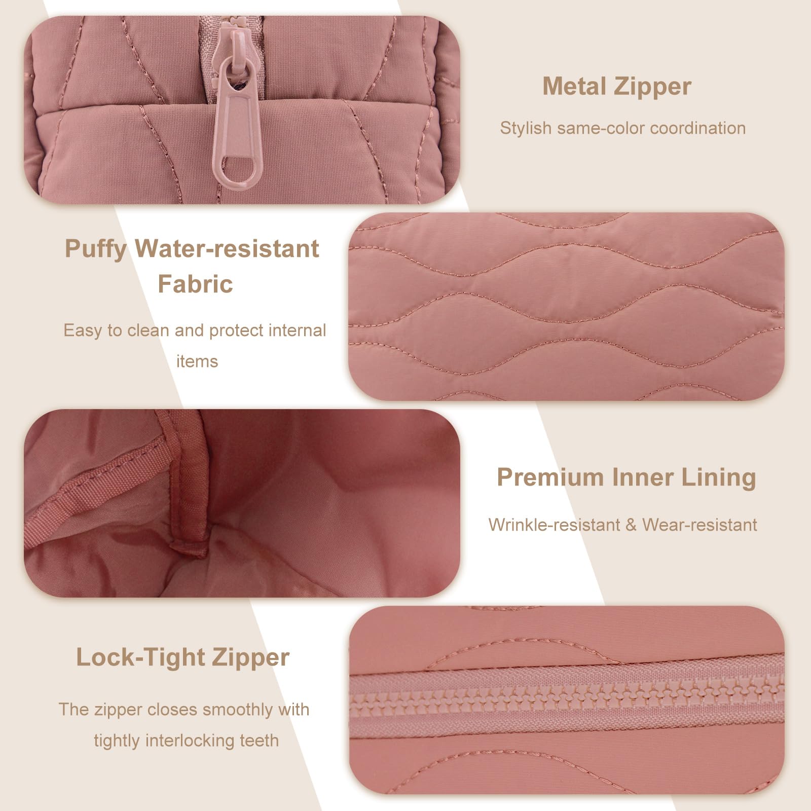 Cosmetic Bag with Zipper Puffy Padded Makeup Organizer for Handbag Travel Small Pouch Purse for Women Girls Waterproof Portable Dark Pink - Image 3