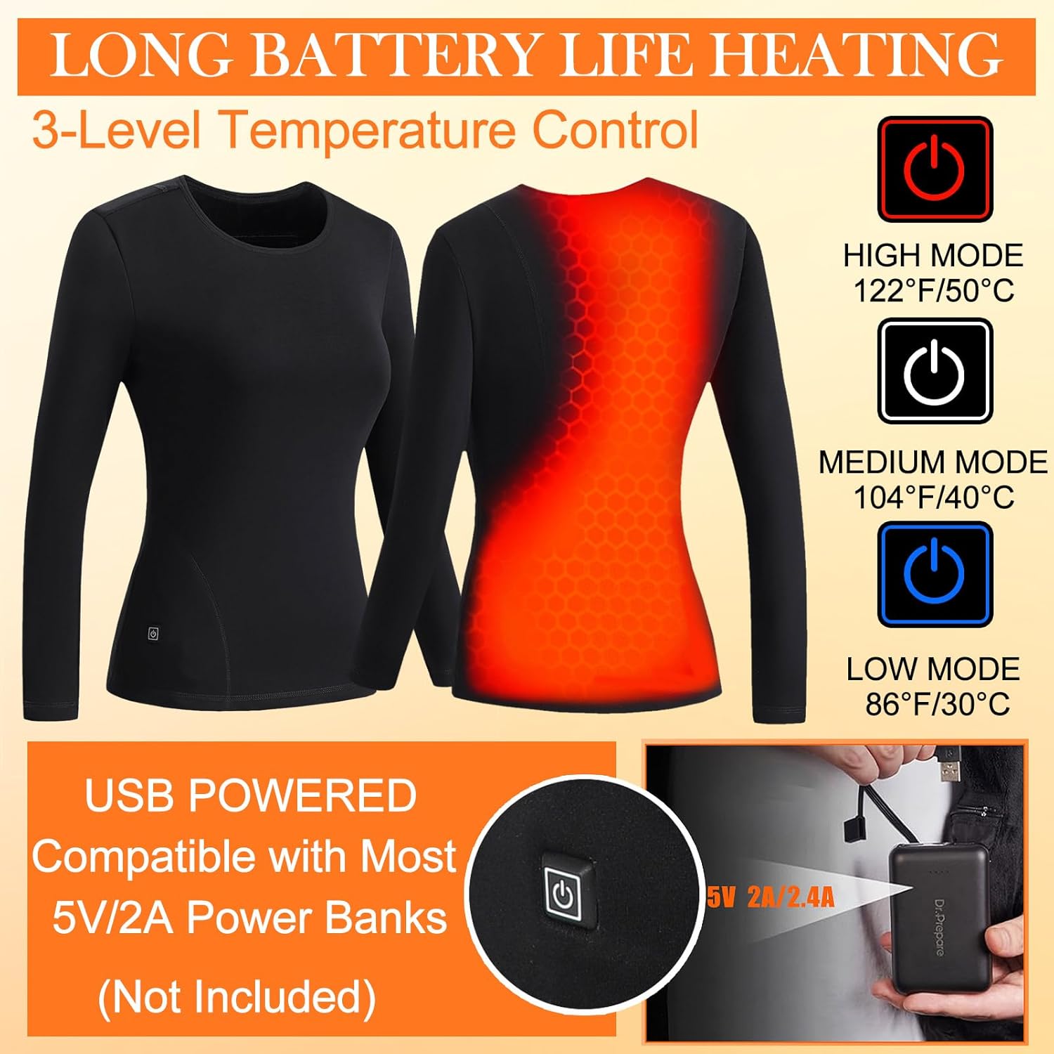 Cozypower 2 Pack Women's Heated Thermal Underwear USB Electric Long Sleeve Undershirts Base Layer Tops for Winter Outdoor