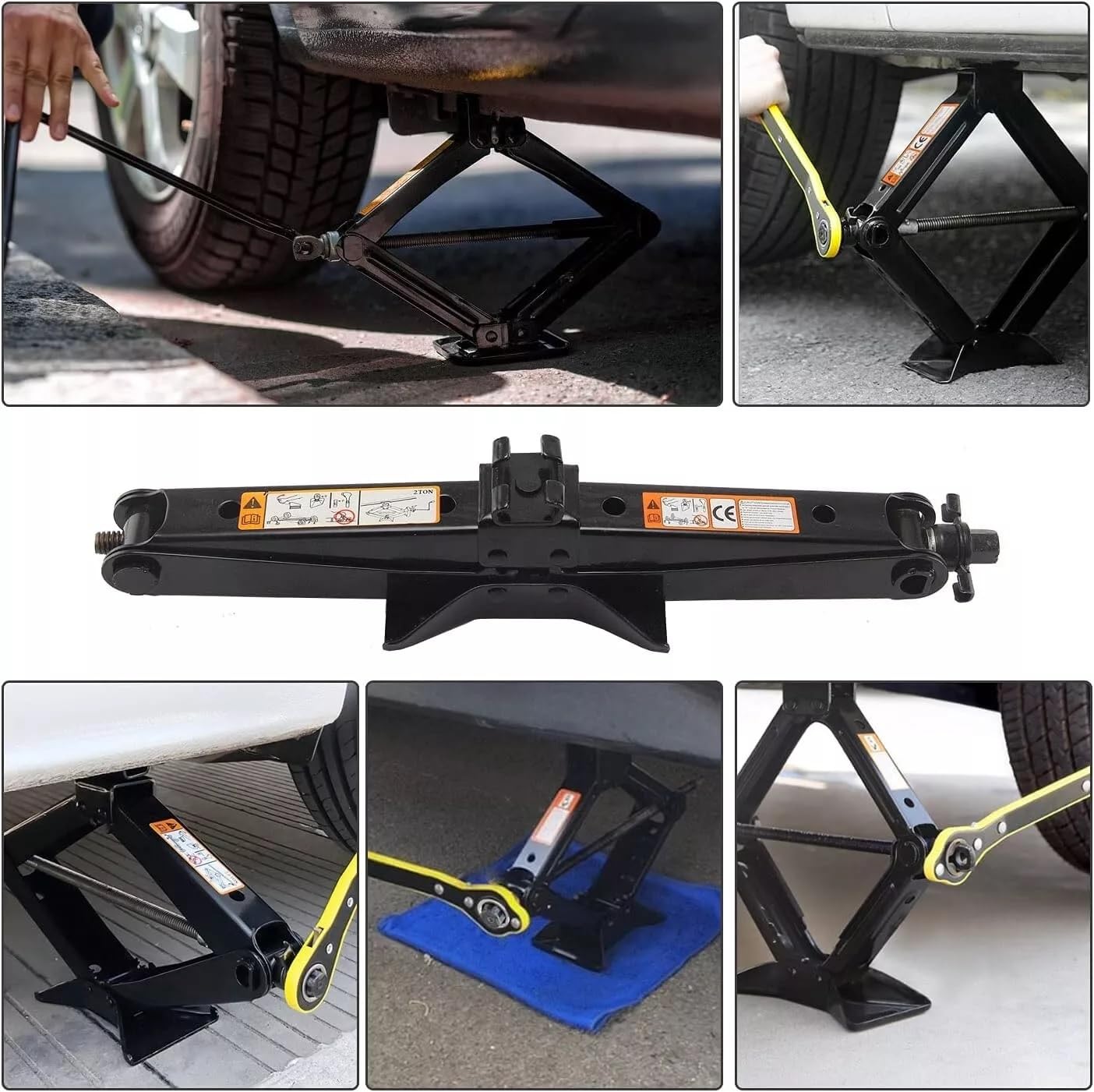 Cric Auto 2T, Cric a Forbice, Sollevatore Auto a 360°, Testa di Attività con Chiave a Cricchetto, per Auto Familiare Auto Suv
