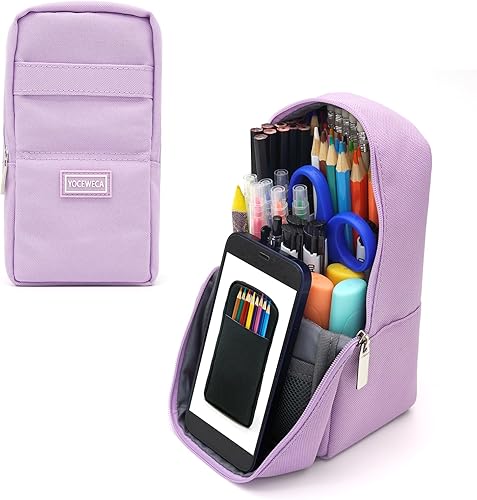 YOCEWECA Estuche de lápices de pie de gran capacidad con cremallera, bolsa de poliéster para suministros escolares y organización de oficina (morado)