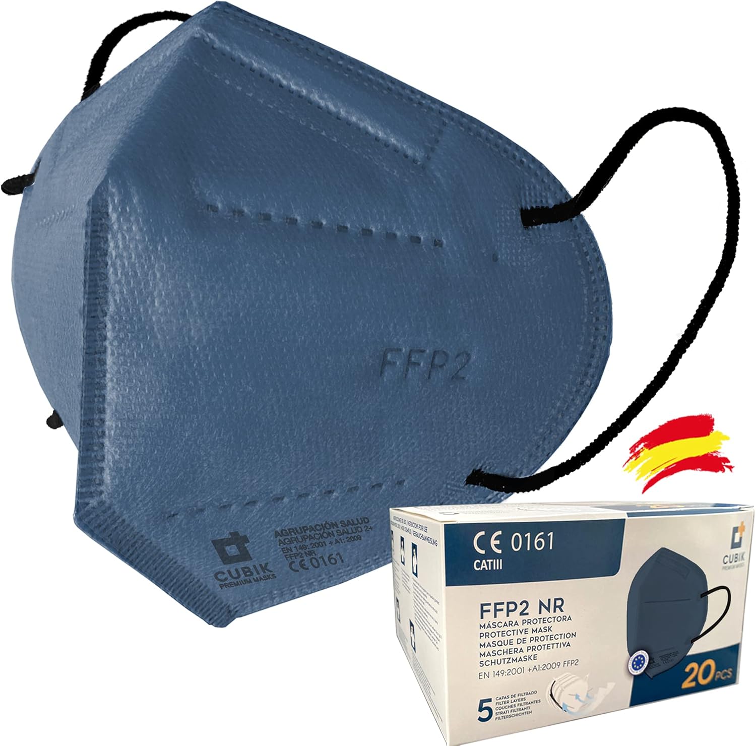 Mascarilla FFP2 Colores, 20 unidades, Fabricación 100% Española, Alta eficiencia 5 capas, talla única, Homologada CE 0161, EN 149: 2001+A1:2009