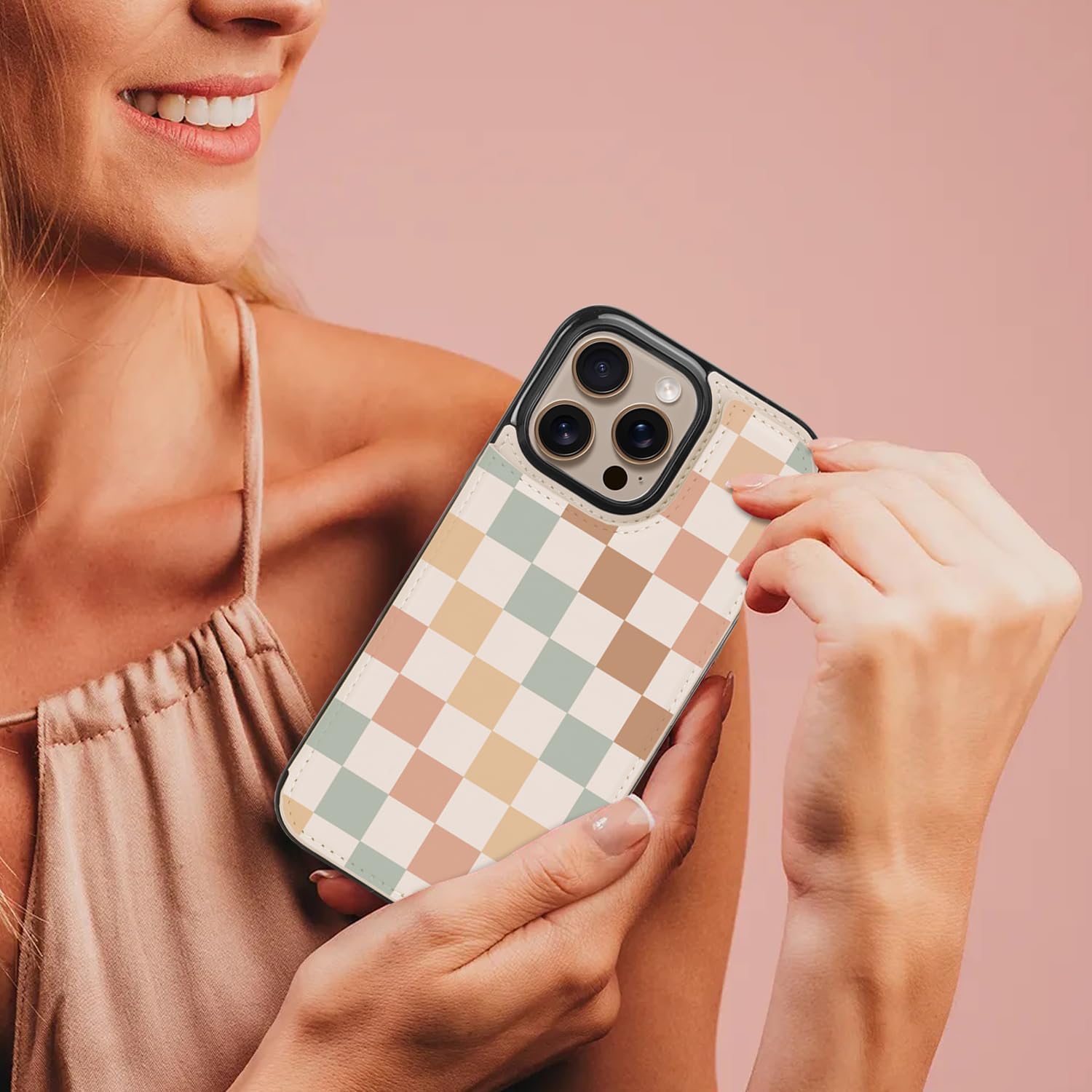 uCOLOR for iPhone 15 Pro Max 6.7" Wallet Case Magsafe with Card Holder Slot【Compatible with MagSafe】 Folio Flip PU Leather Double Magnetic RFID Design (Pastel Check Vibes) - Image 7