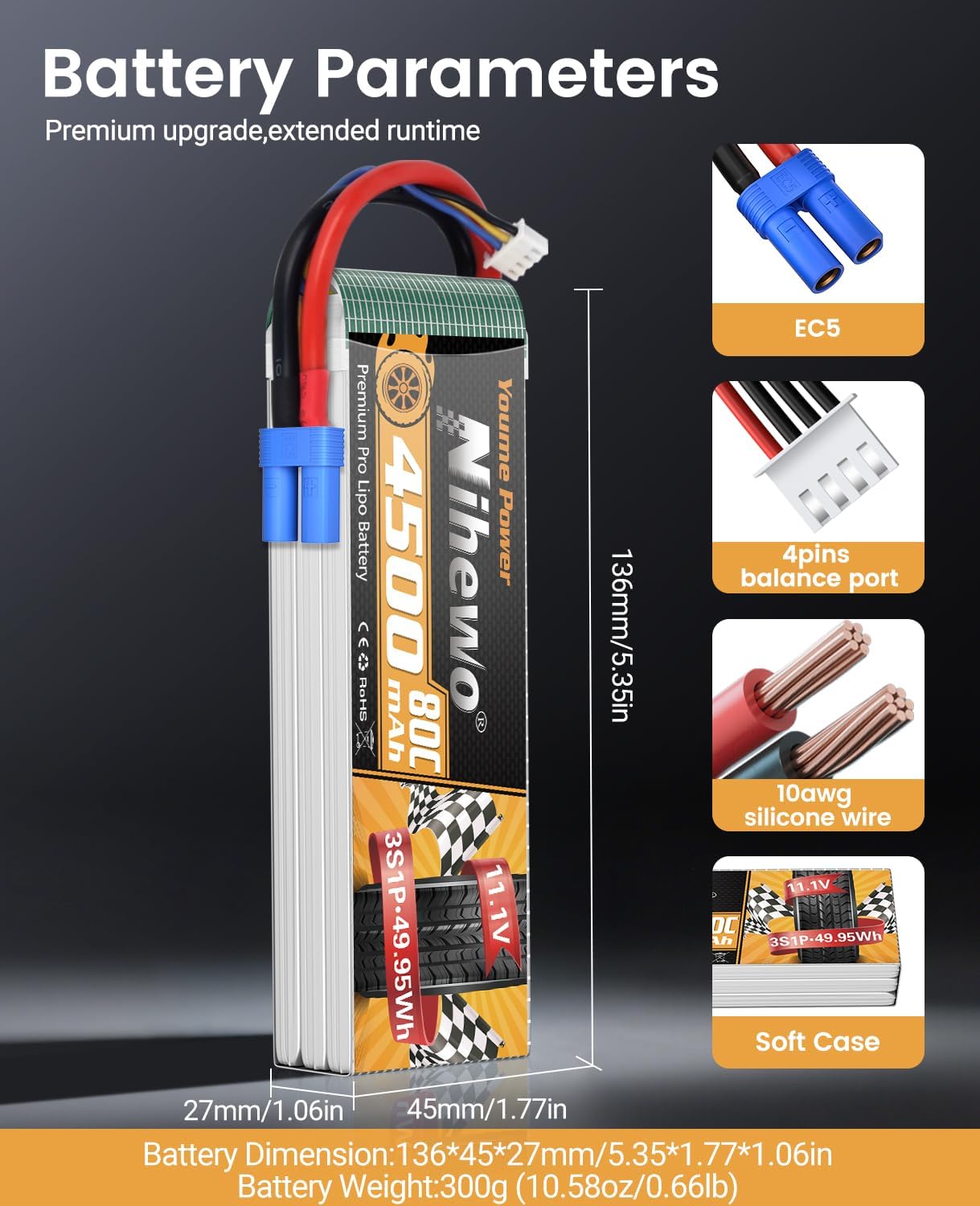 11.1V Lipo Battery 4500mAh 3S RC Lipo Batteries 80C with EC5 Plug Soft Case for 1/10 RC Car/Truck/Vehicle/Buggy RC Airplane Aircraft Quadcopter Drone Boat Robot Models(2 Packs)