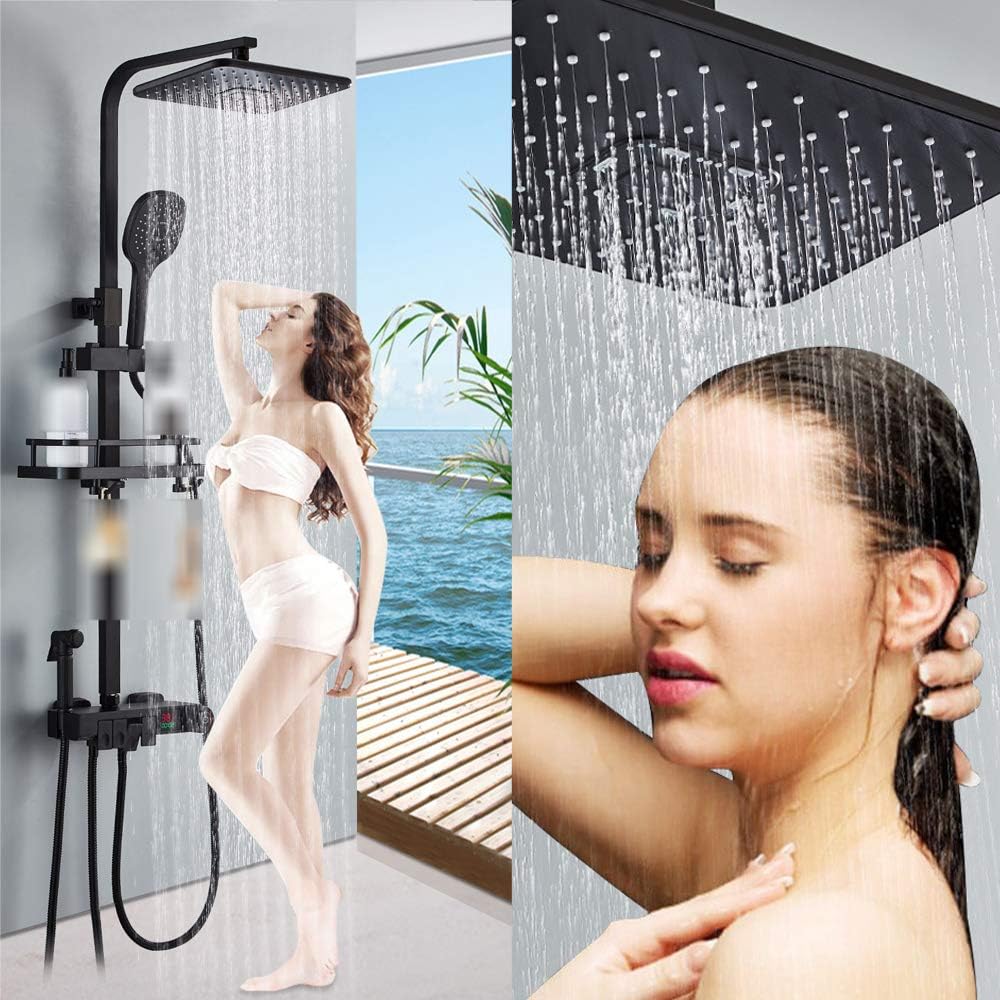 Shower Set Black Bathroom Shower System Set with Hand Sprayer and Bidet Sprayer, 4 Functions Rainfall Shower Faucet Fixture Wall Mount