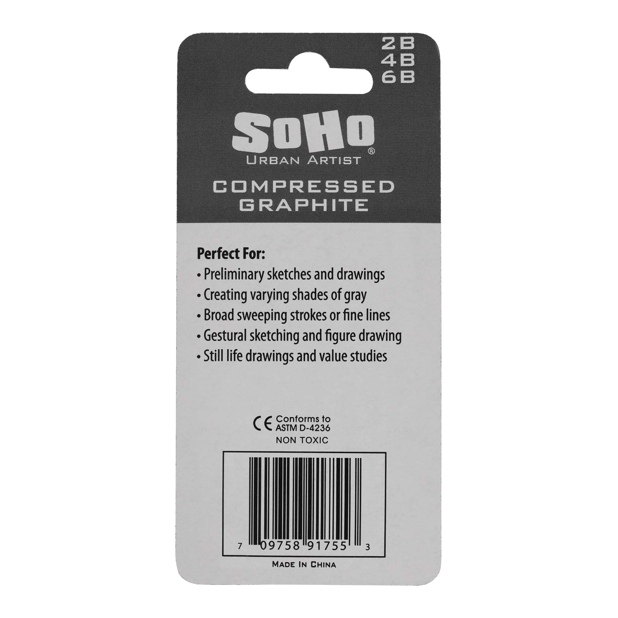 SoHo Urban Artist Lot de 3 bâtons de graphite compressé 6B – Bâtons en graphite de qualité supérieure pour le dessin – Polyvalents et lisses – Idéal pour les professionnels, les étudiants et les