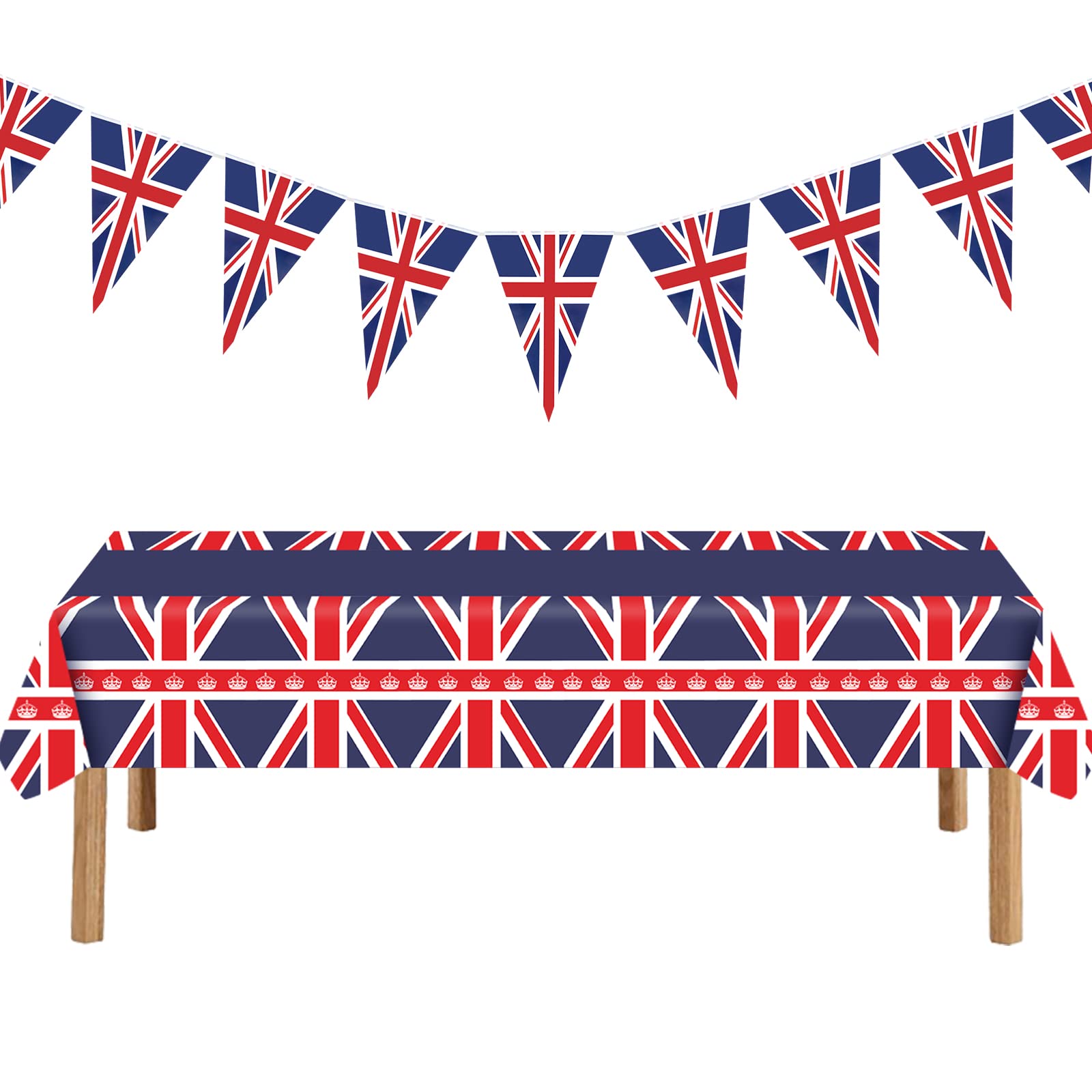VEGCOO Kings Coronation Party Decorations Supplies Set, 274x137cm Union Jack Table Cloth with 2 Meters Triangle Flags Banner Bunting for UK King Charles iii Coronation Party British Xmas Party Decor