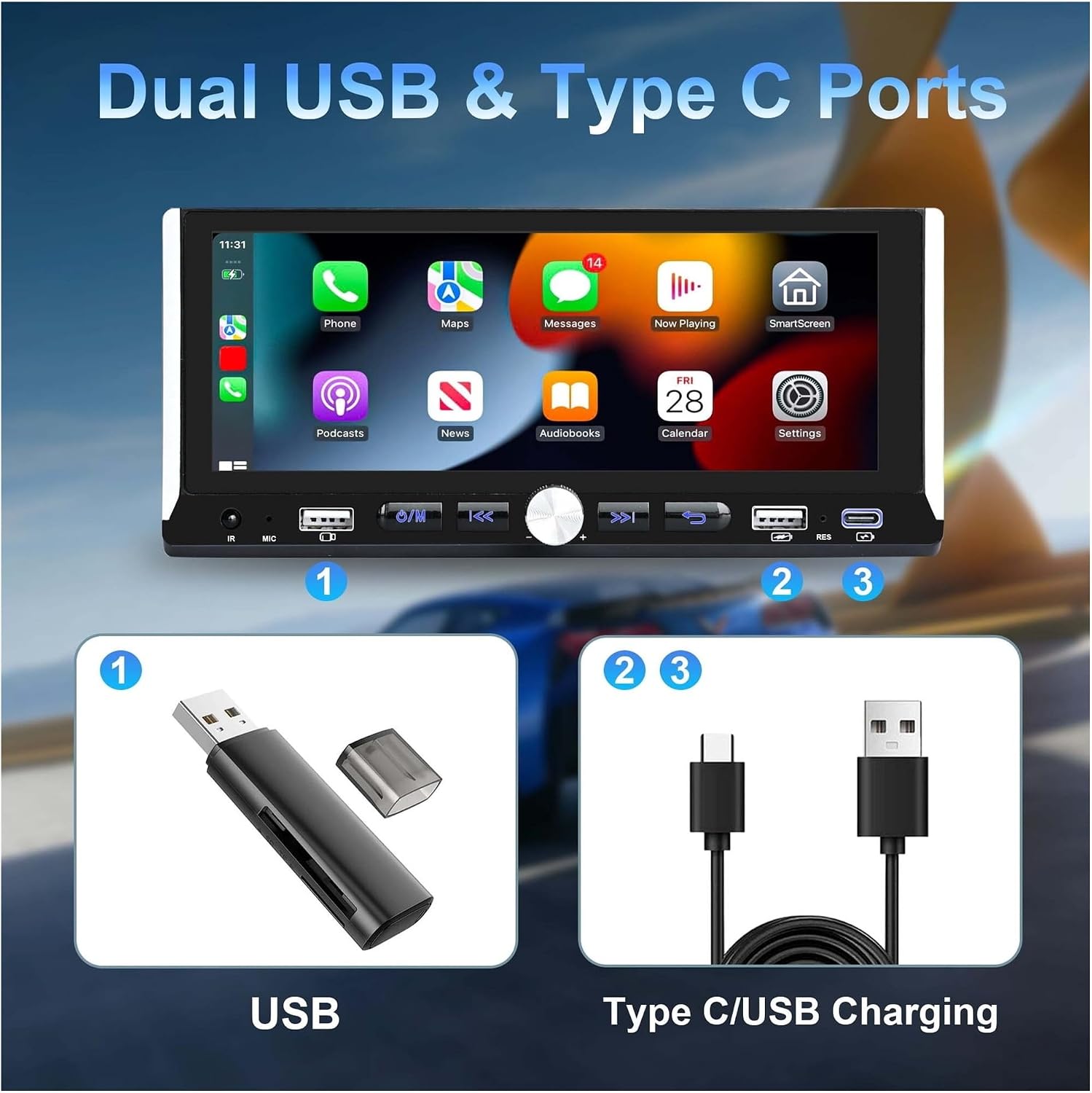 カープレイ画面 6.9インチタッチスクリーンオーディオレシーバー、カーナビゲーション、Bluetooth、Type-C急速充電 【Spotif】