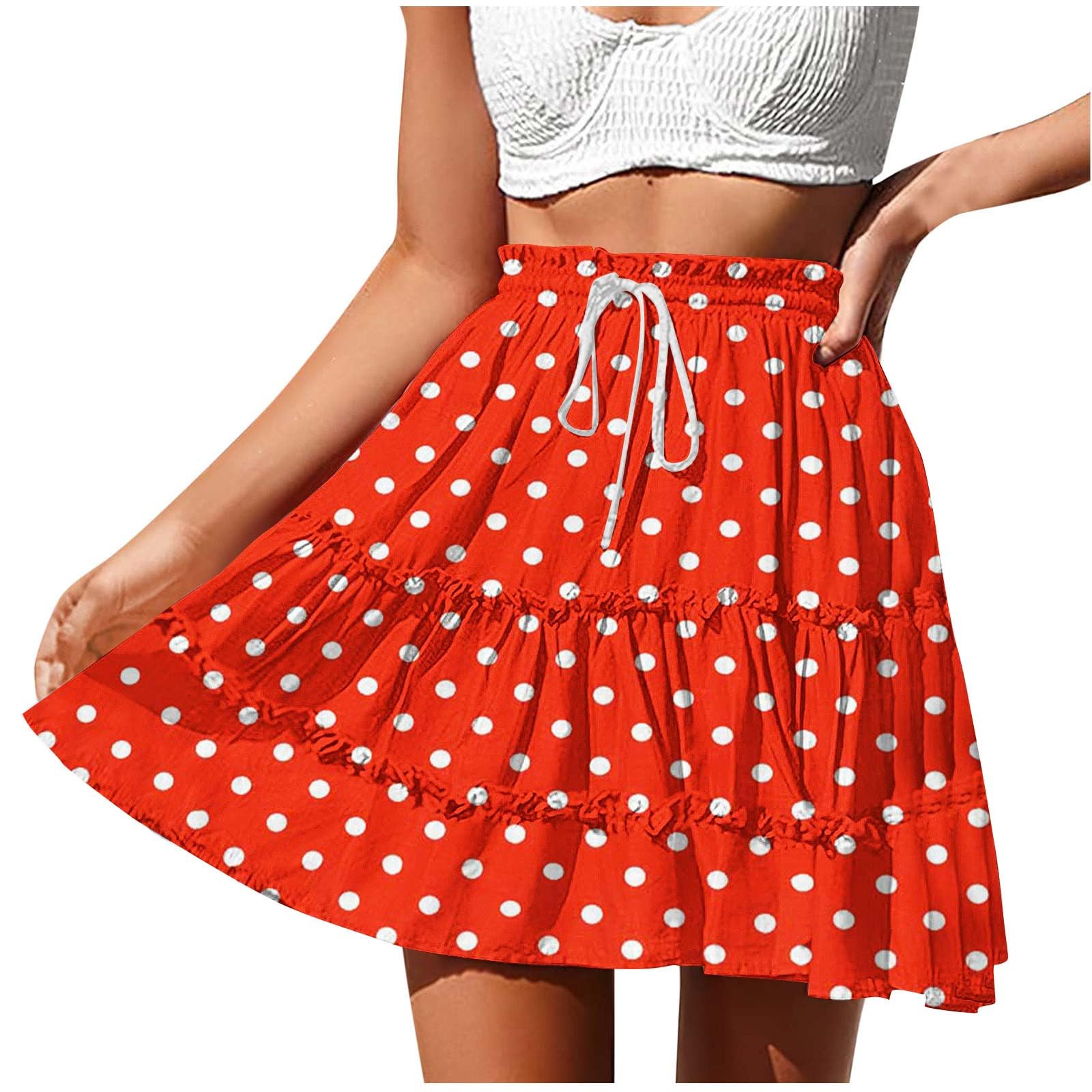 Women's Polka Dot Beach Short Skirts Summer Boho Floral Maxi Skirts Elastic Waist Flowy Swing Pleated Long Skirt Orange