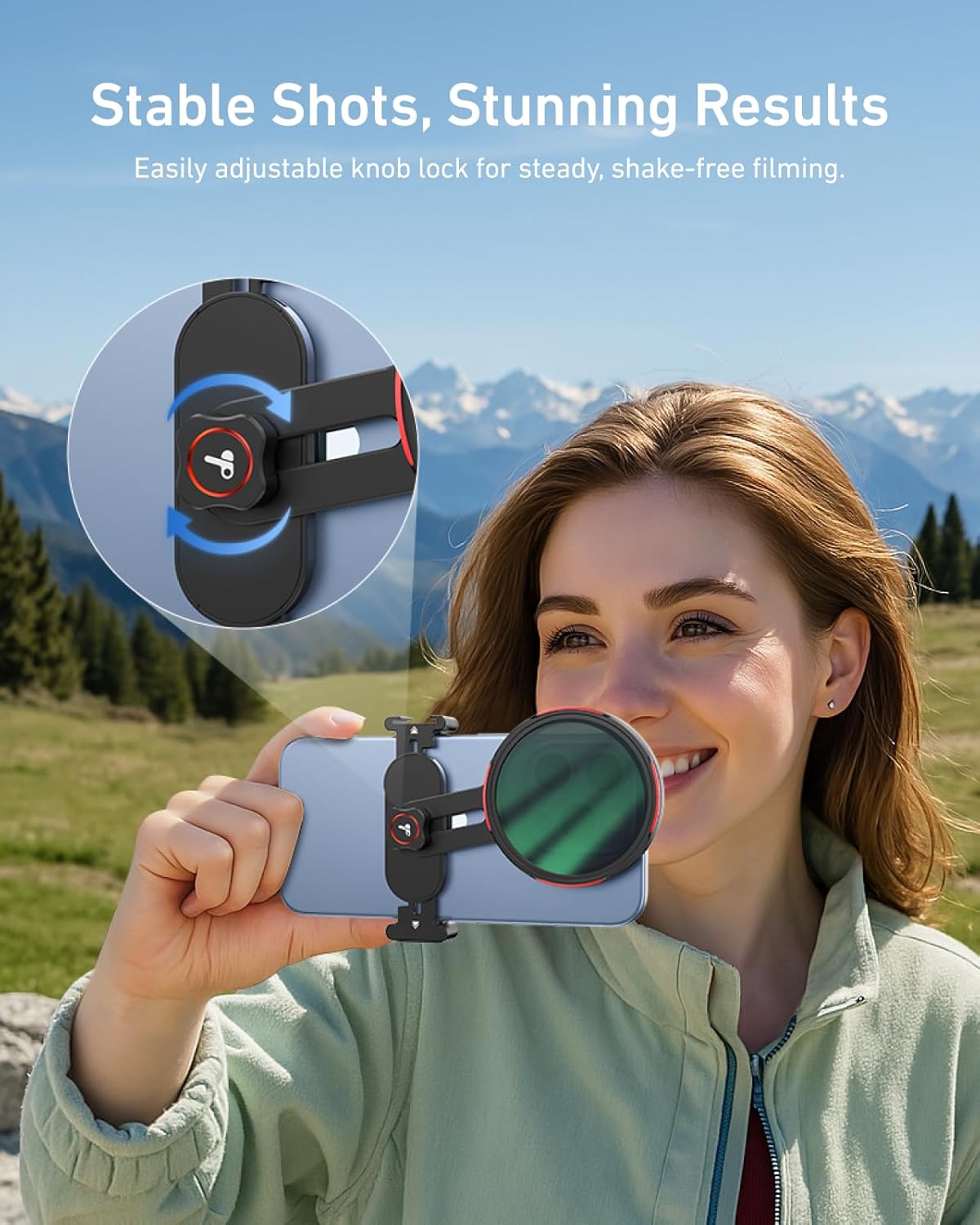 A person using a smartphone with the TELESIN filter mount, showing the adjustable knob lock for stable filming.