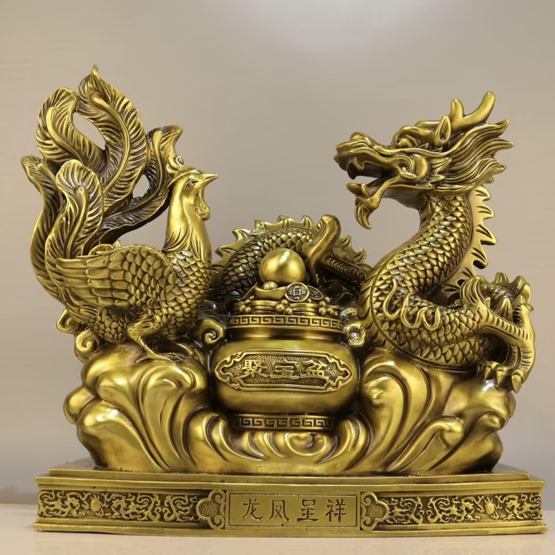Dytartzx Solid Copper Dragon Phoenix Statue, Handcrafted Fengshui Auspicious Ornament, Chinese Cultural Sculpture for Home Office Entryway Decor, Good Luck & Prosperity