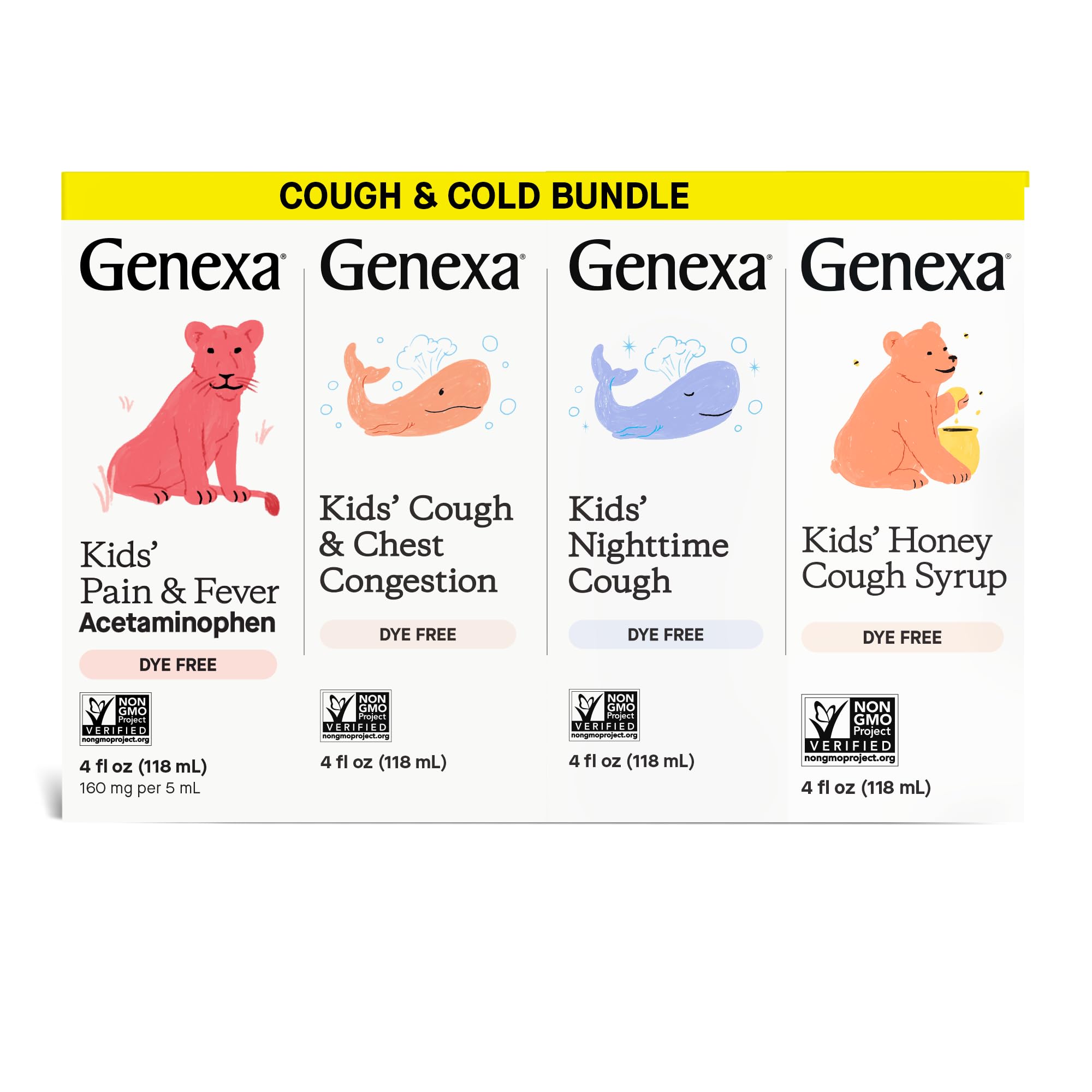 Genexa Kids' Clean Cough Medicine & Honey Cough Syrup, Pain & Fever Reducer Value 4-Pack, Dye Free, 0% Artificial Additives, Cough Care for Children, Fever & Pain Reliever, 16 fl oz (4 Bottles)