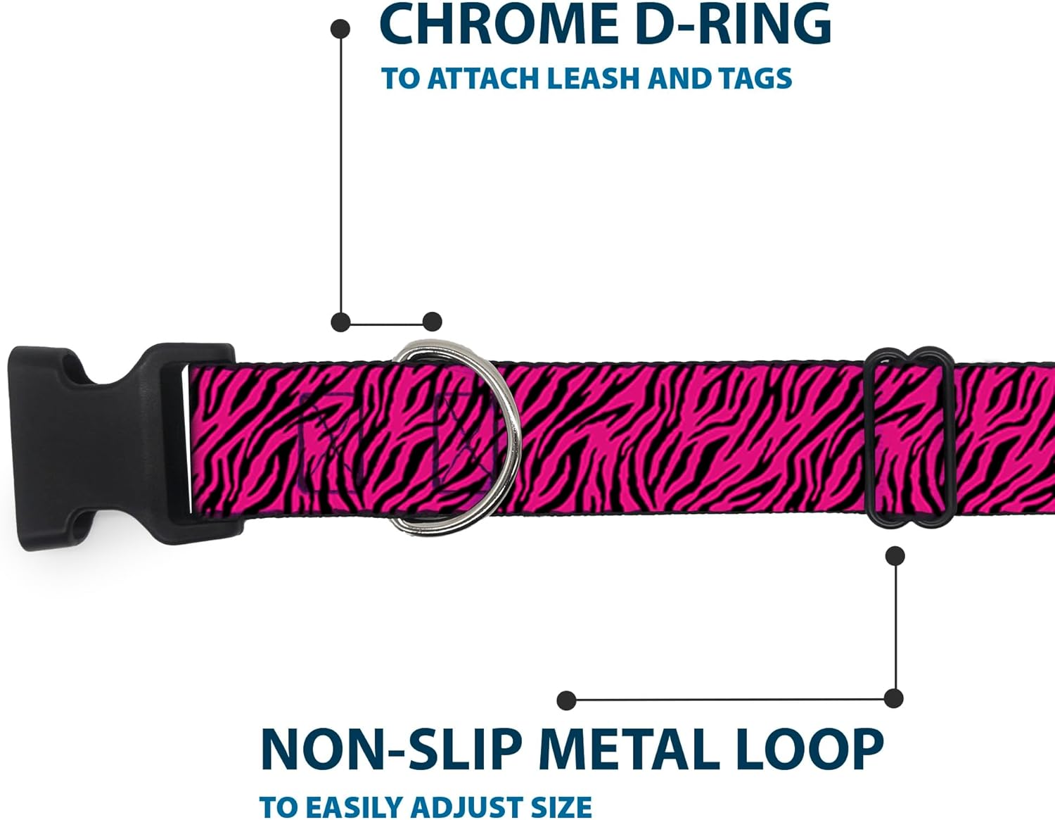 Buckle-Down Plastic Clip Collar - Zebra 2 Fuchsia Pink - 1.5" Wide - Fits 18-32" Neck - Large