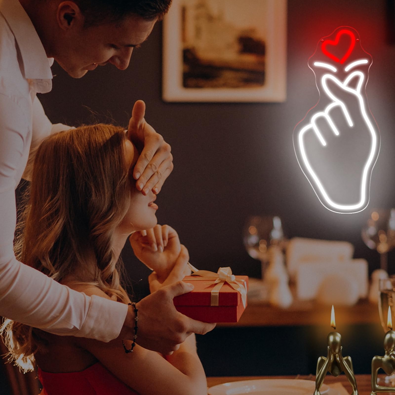 Letrero de neón con forma de corazón de dedo, 42,7 x 20,1 cm, luz LED de pared, alimentado por USB, romántica, decoración para dormitorio, sala de estar, día de San Valentín, boda, fiesta