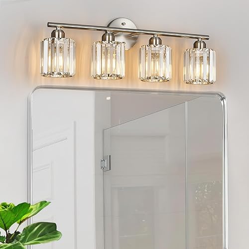 Miniatura 7 de Moderna lámpara de tocador de cristal de 4 luces, lámpara vertical de baño de níquel cepillado sobre espejo para tocador y fregadero, compatible con