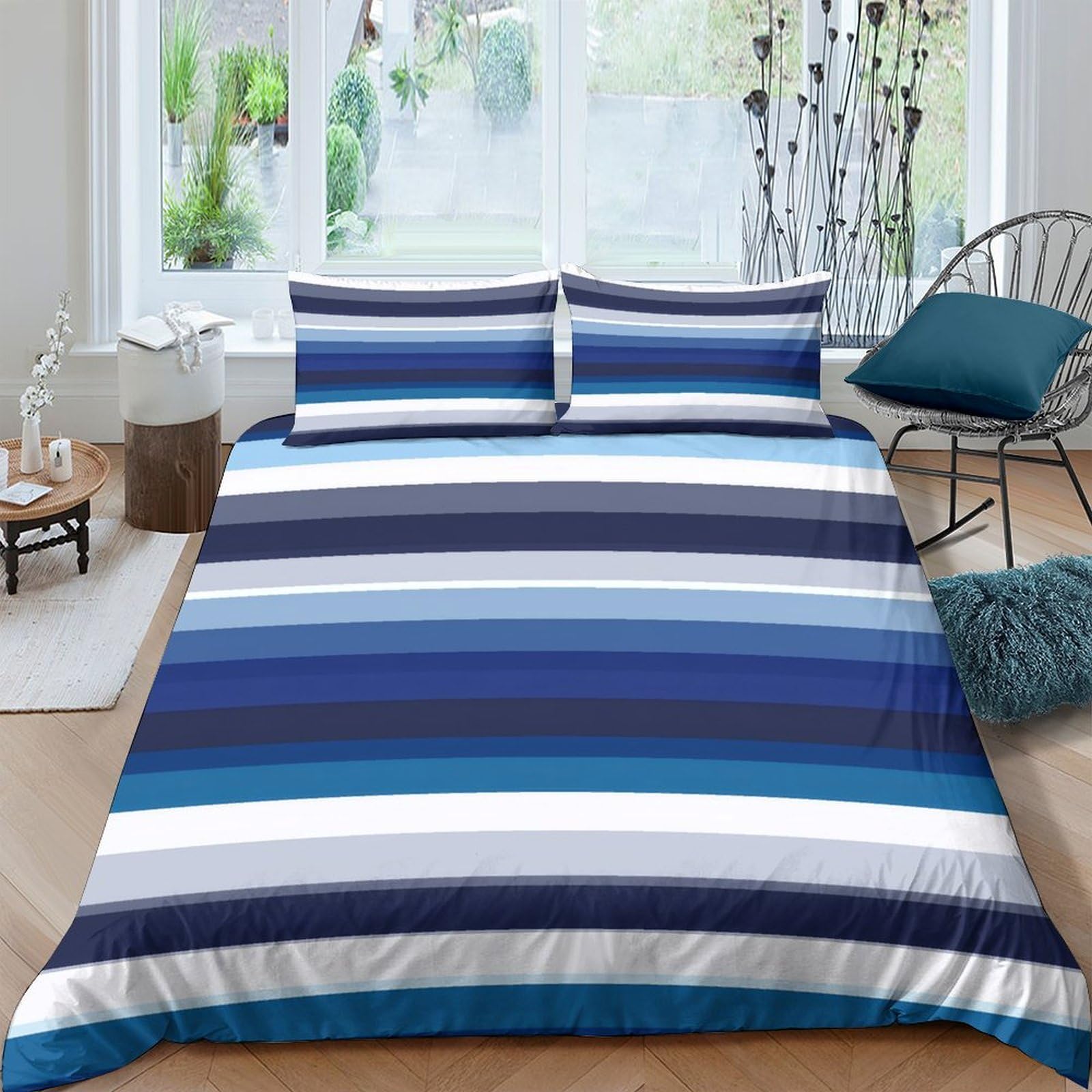 Ctjqhvkz Style-9 3D Printed Blue Gradient Stripes Fitted Sheet Microfiber Soft Breathable Ocean Wave Bed Cover For Bedroom Dorm Decor Single（135X200cm）