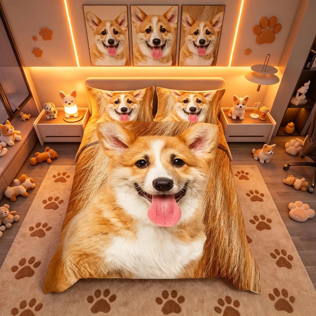 Homemissing Corgi Duvet Cover 3D Dog Print Bedding Set for Kids Boys Girls Adults Cute Puppy Comforter Cover Set Soft Warm Fluffy Dog Hair Bedspread Cover Bedroom Collection 3Pcs Super King — image 1