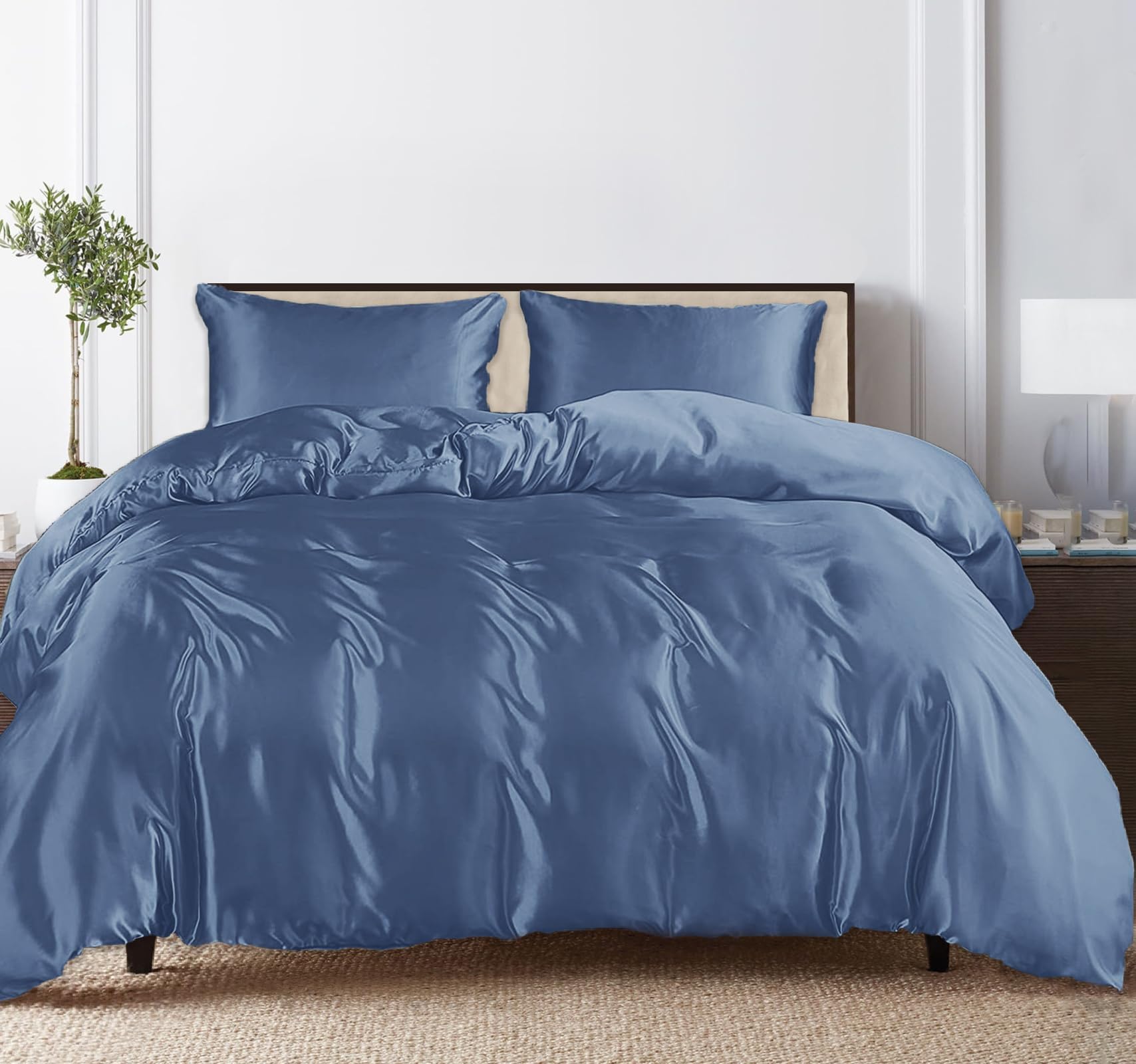 LINENWALAS 100% Tencel Lyocell 4 Pcs Core Bedding Duvet Cover Set- 1 Duvet Cover, 1 Fitted Sheet & 2 Pillowcases Soft, Premium Cooling Eucalyptus Quilt Cover Set (Double, Bahamas Blue)