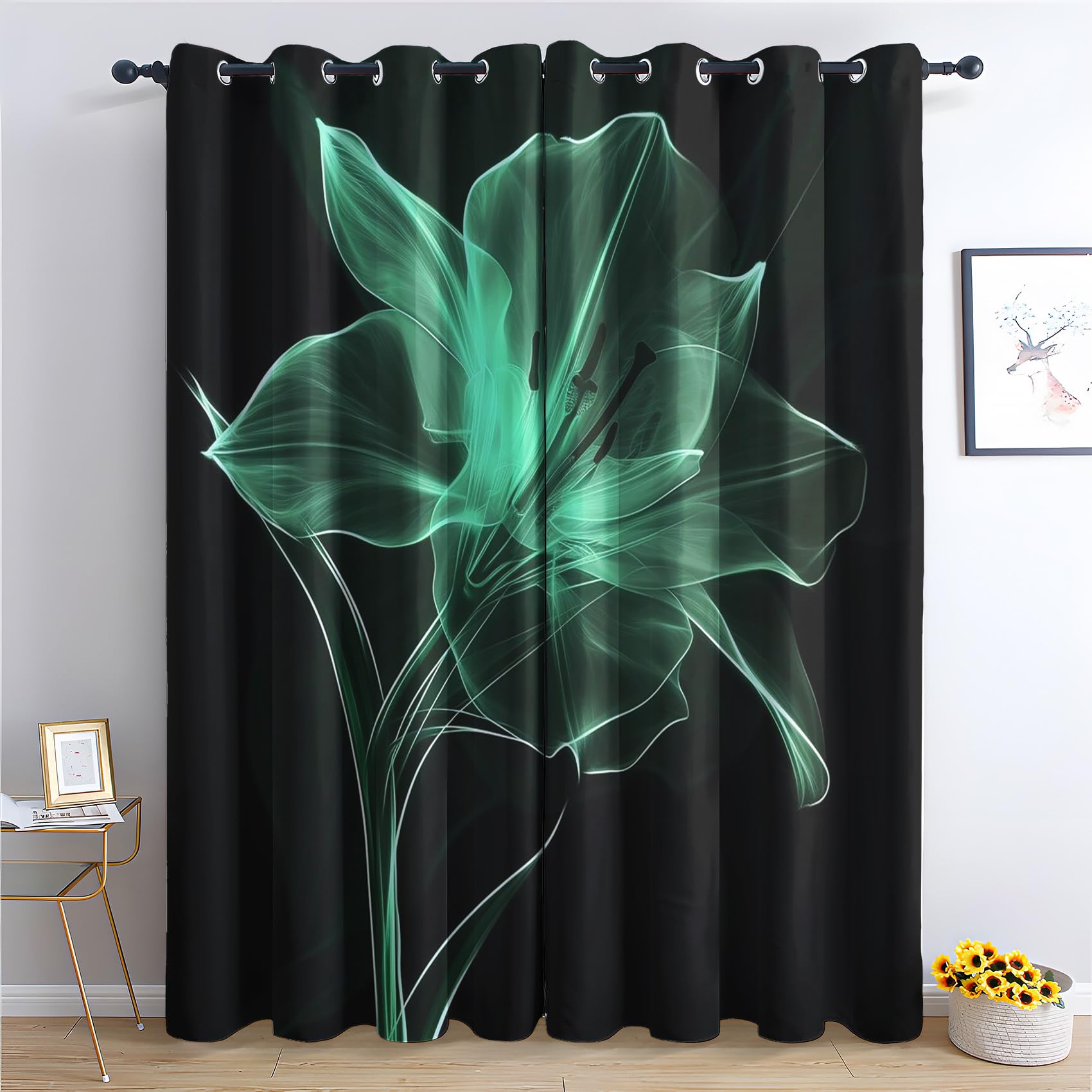 SZLYZM Flower Blackout Curtains, Green Bedroom Curtains & Living Room Curtains 46 x 90 Inch 2 Panels Set, Thermal Eyelet Drapes Decorative Patterned Window Treatments 90 Drop (Wu-&132)