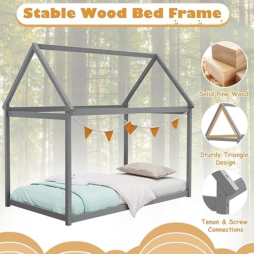 Miniatura 6 de KOMFOTT Marco de cama individual para niños, plataforma de madera maciza para niños con techo y múltiples listones, marco de cama para niños