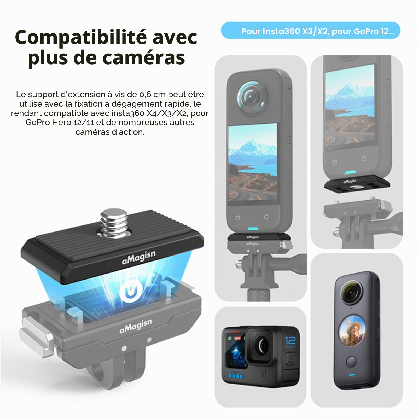 Support Magnétique Feegow Pour Insta360 – Base Aluminium, Compatible X4/X3/X2/AcePro