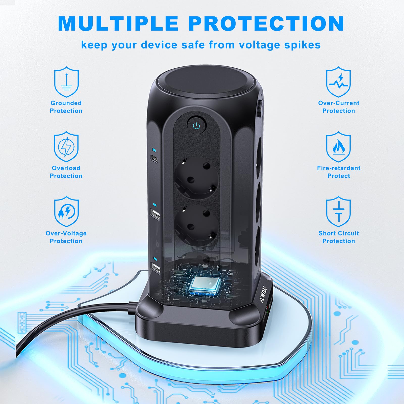 Ciabatta Multipresa, Torretta Multipresa con 12 prese e 4 USB-A & 2 USB C, Multipresa Verticale con 3 interruttori indipendenti, 1500J protezione sovratensione multipresa con cavo da 2 metri