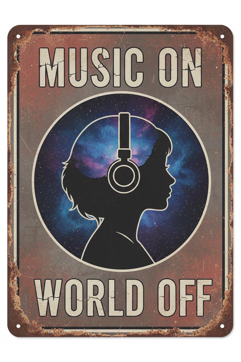 Girl With Headphones Music Tin Sign, 8x12 Inch
