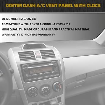 Dasbecan Center Dash A/C Outlet Air Vent Panel Dasboard with Clock Compatible with Toyota Corolla 2009-2013, AC Vent Trim Bezel Frame Cover, Replaces# 55670-02340 5567002340