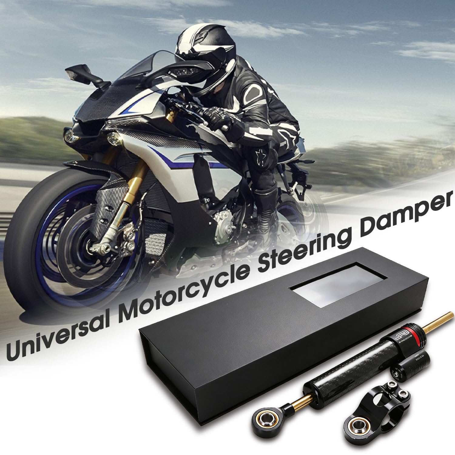 10" Amortisseur Direction Moto,Stabilisateur Direction-Fibre de Carbone | Amortisseur de Direction CNC Aluminium Moto pour la plupart Motos de Sport Course Sur Route Rue Trottinette
