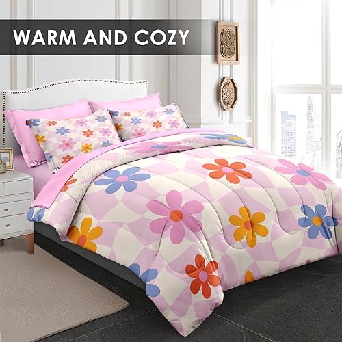 Miniatura 2 de Juego de edredón tamaño individual, ropa de cama retro de 5 piezas para niños y adultos, juego de sábanas con estética hippie para niños con sábana