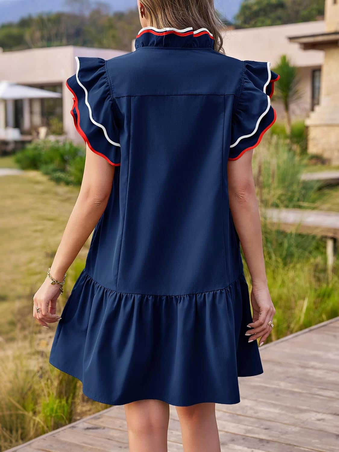 Wenrine Womens Summer Mini Dress Ruffle Short Sleeve V Neck Contrast Trim A Line Casual Loose Beach Dress with Pockets