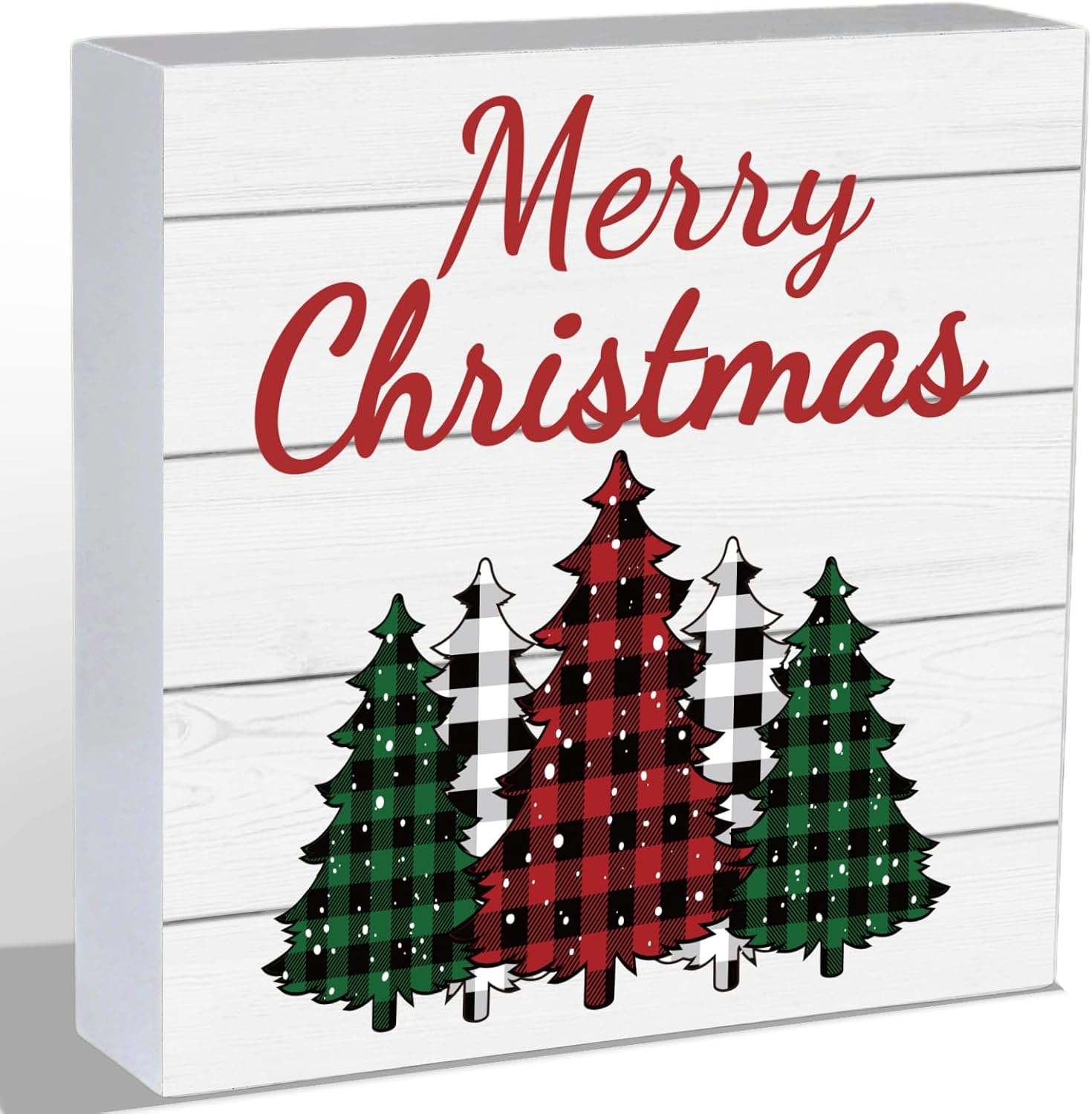 Christmas Decorations Indoor Christmas Decor Table Home Room Buffalo Plaid Tree Office Bathroom Wood Box Sign Rustic Wooden Shelf Desk Decor Season Sign House Warming Gifts 5.9 x 5.9 Inch