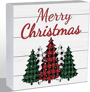 Christmas Table Decorations Christmas Decor Indoor Home Room Buffalo Plaid Tree Office Bathroom Wood Box Sign Rustic Wooden Shelf Desk Decor Season Sign House Warming Gifts 5.9 x 5.9 Inch
