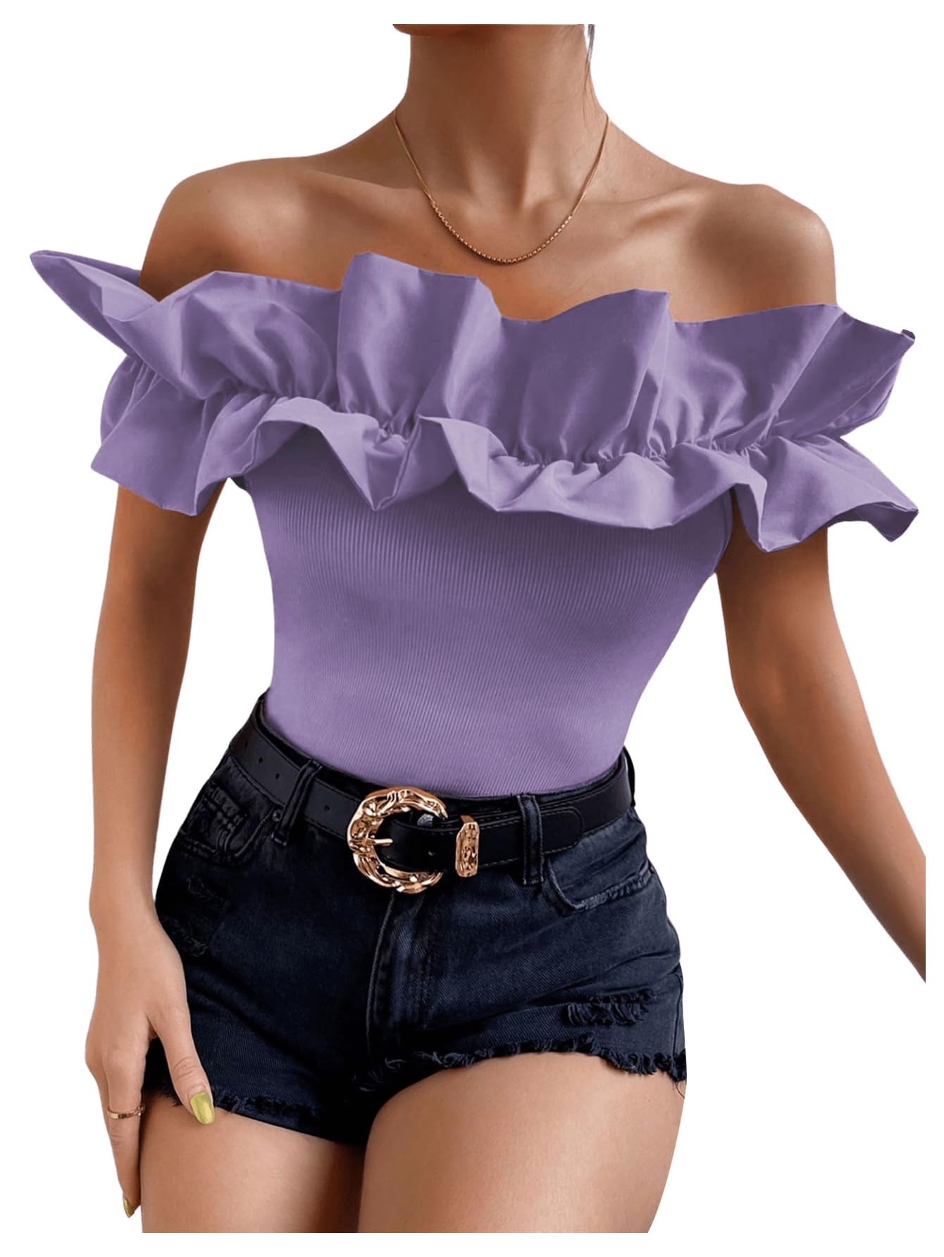OYOANGLE Women's Ruffle Trim Off Shoulder Short Sleeve Blouse Party Tops Shirt
