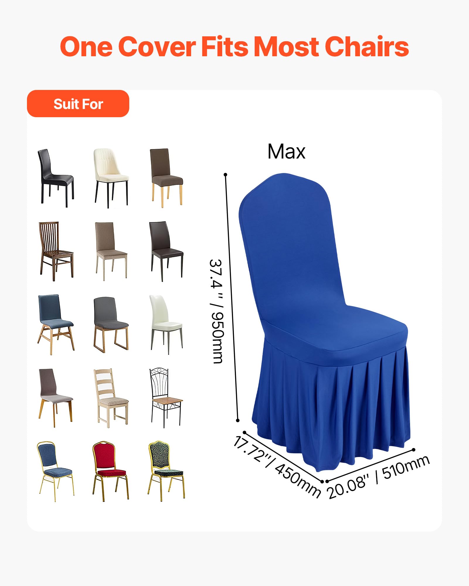 VEVOR Fundas Sillas de Comedor 30 Piezas, Funda para Sillones Elástica de Poliéster y Elastano, para Sillas de hasta 51 x 45 x 95 cm, Diseño de Falda, Tela Suave, para Boda, Fiestas, Banquetes, Azul