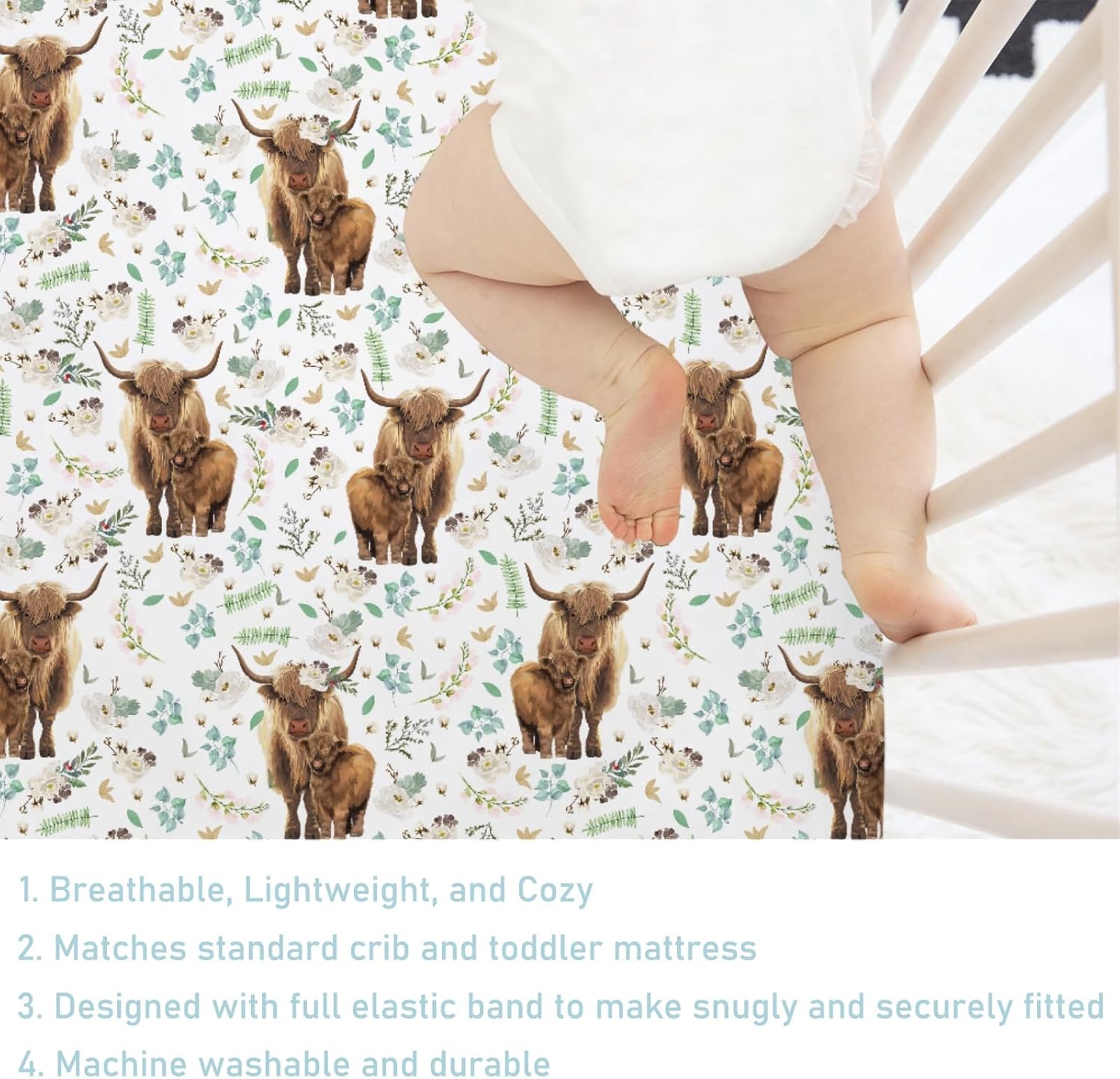 Watercolor Highland Cows Retro Floral Baby Crib Sheets for Boy Girl 52"x28" Highland Yak Boho Flowers Leaves Fitted Crib Mattress Sheet Soft Nursery Baby Sheets for Standard Crib and Toddler Mattress