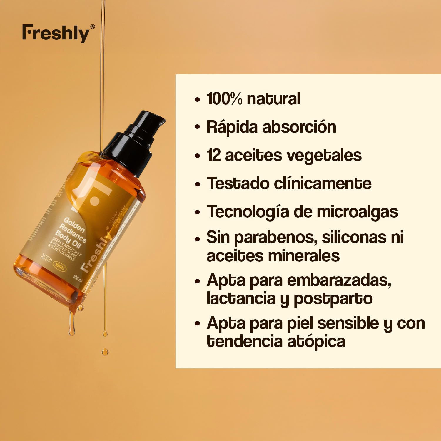 Freshly - Aceite Corporal Natural Golden Radiance Body Oil - Hidratante y Reafirmante - Con 12 Aceites Vegetales - Ideal para Estrías y Cicatrices - Apto Embarazo - 100 ml