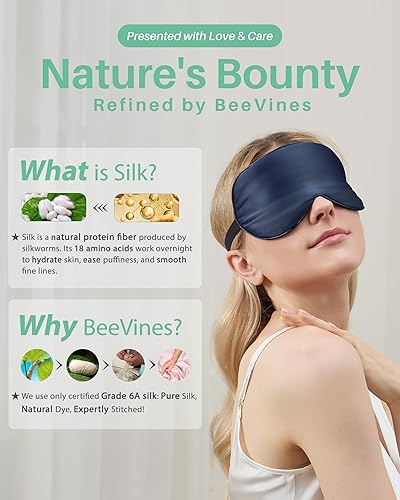 Miniatura 7 de BeeVines Máscara para dormir, paquete de 2 máscaras de ojos de seda pura 100% natural real con correa ajustable para dormir, cubierta de sombra de