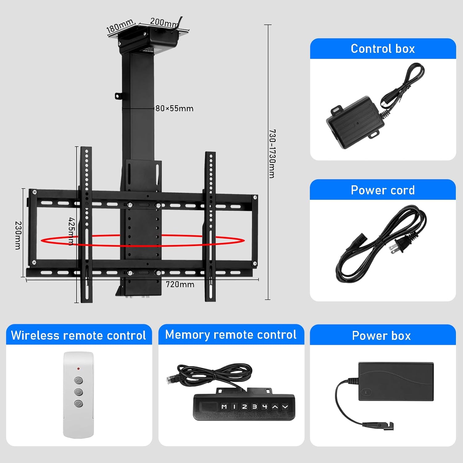 Motorized Ceiling TV Bracket, Electric TV Lift with 360° Rotation Left and Right, Floor and Ceiling Installation Methods, Fits 32-70 Inch Flat and Curved TVs (730-1730mm/28.7-68.1 inch)