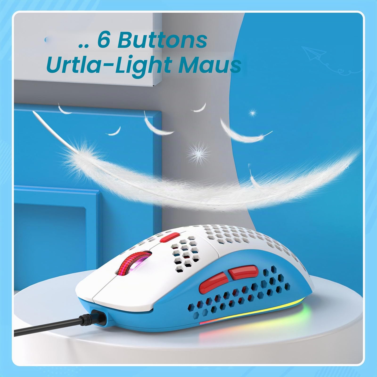 ZIYOU LANG Wired Gaming-Tastatur und Maus Combo mit Spiral USB-C Kabel T60 Pro - Kompakt 60% UK Layout(QWERTY) Mechanische Tastatur Linear Red Switch, 6400DPI Ultra-Light RGB Mäuse für PC/Mac - Blau
