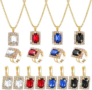 4個 4色 ネックレス イヤリング リング ジュエリーセット レディース ラインストーン ペンダント イヤリングセット 結婚式 プロム ラインストーンセット アクセサリー 女性 彼女 お母さんへのギフト