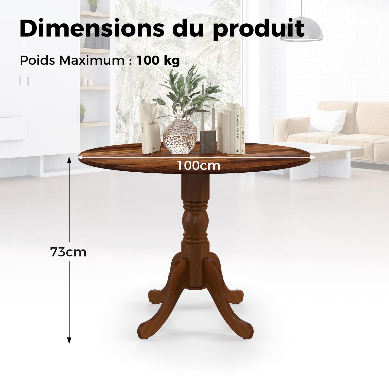 COSTWAY Table a Manger Bois Ronde 100 x 100 cm, Table de Cuisine 4 Personnes, Piédestal Design Vintage, pour Salon, Hotel, Appartement, Charge 100 kg (Noyer)