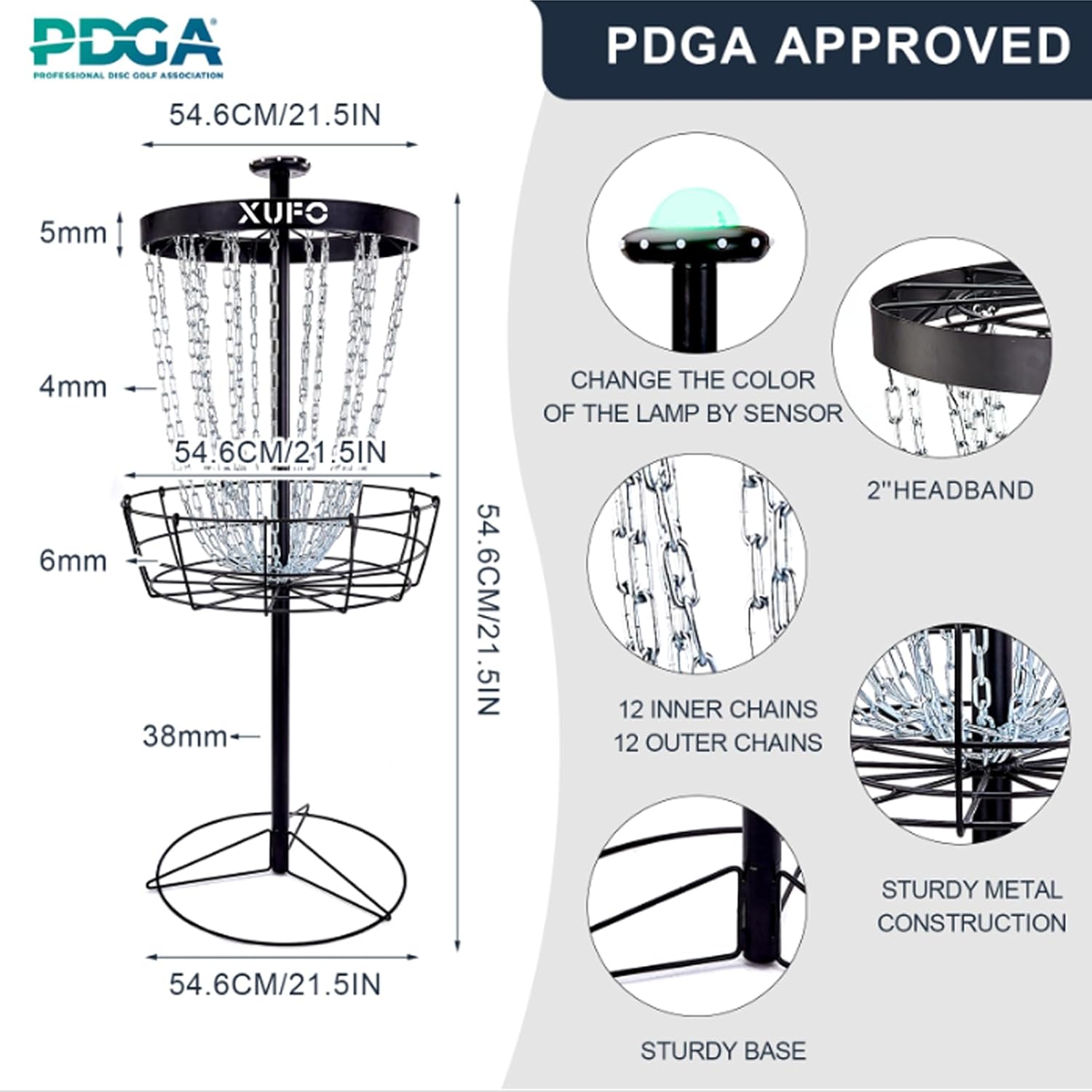 Portable Disc Golf Basket with 24 Chains and LED Sensor Lights for Night Practice - Stable Pole Base/12 Light Guide Strips