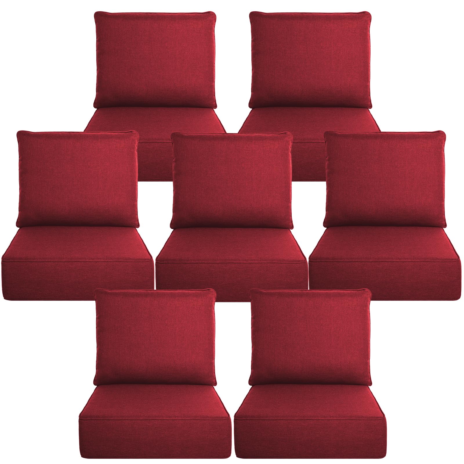 Luxury 6" Thick Outdoor Cushion Set 7-24x24 Patio Furniture Cushions with 28D High-Density Foam, Water-Resistant &amp; Fade-Resistant Fabric, Removable Covers for Patio Furniture Sofa Couch -Red