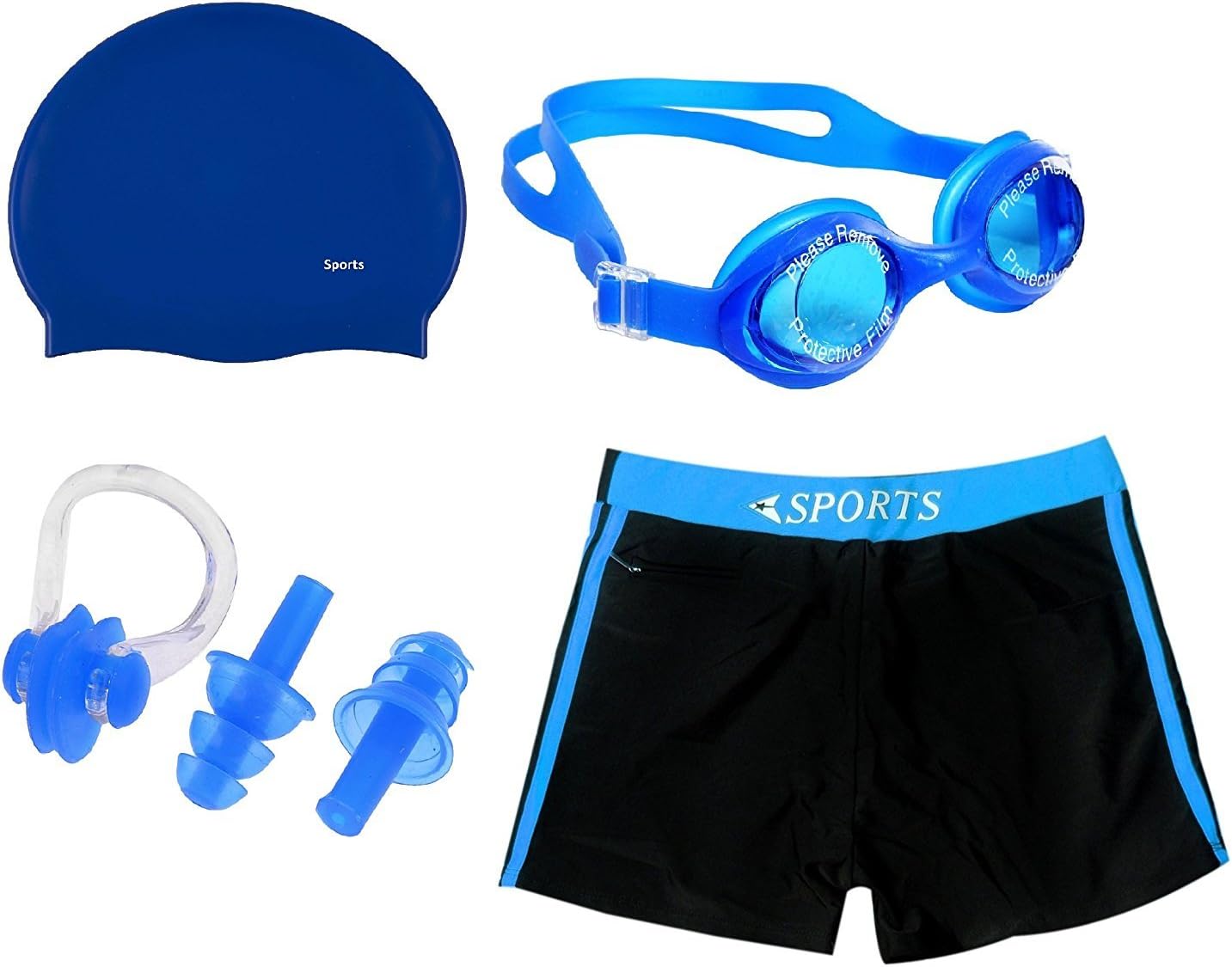BODY MAXX Swimming Kit - Swimming Shorts, Silicone Swim Cap, Goggle, 2 Pc Ear Plugs and 1 Nose Clip Combo (Blue)