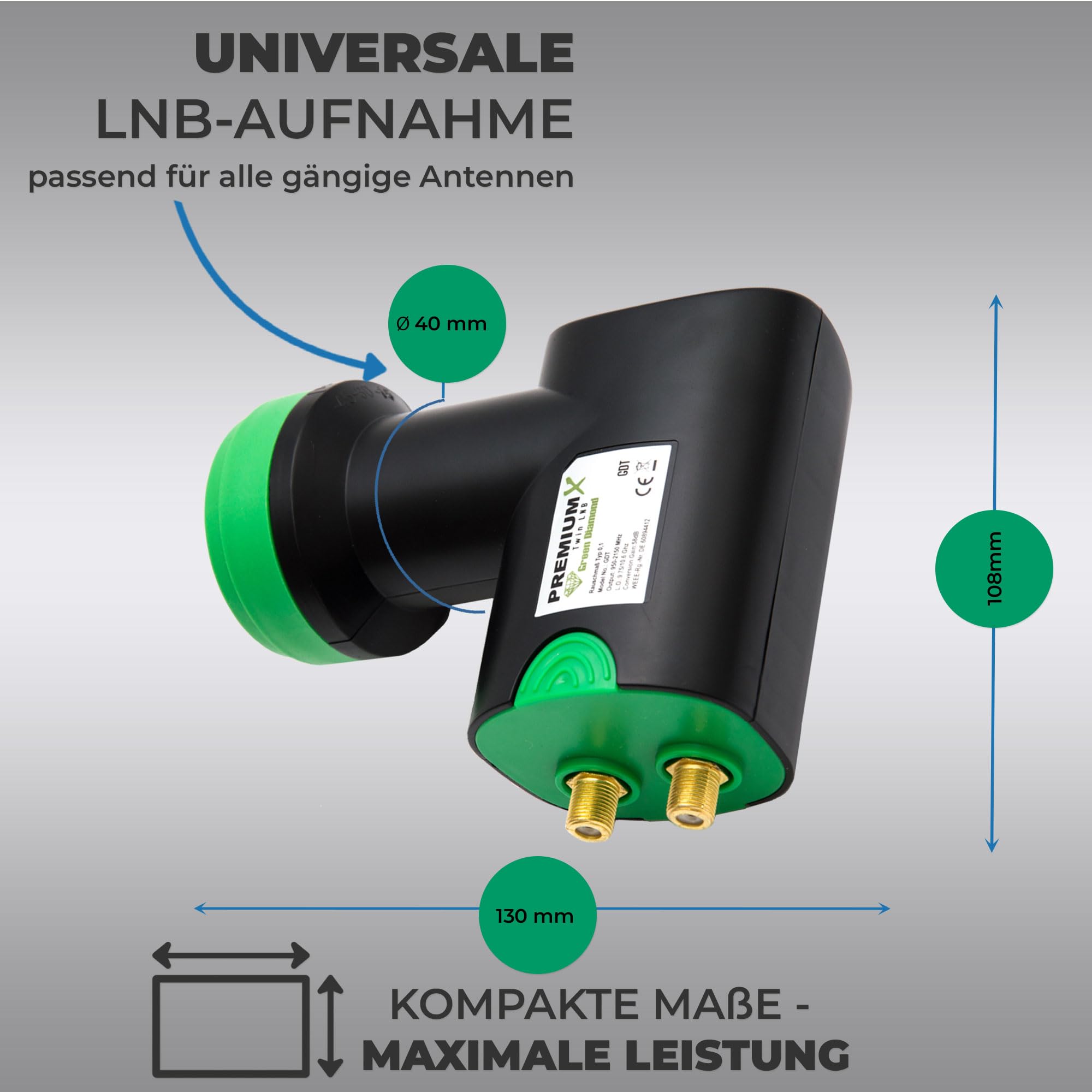 Premium X Twin LNB – 2 voies – pour 2 participants – 4K Full HD – avec protection contre les intempéries et filtre LTE pour antenne satellite TV numérique récepteur satellite – Green Diamond noir