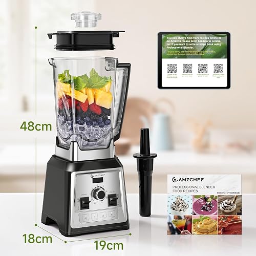 AMZCHEF Professionale Frullatore, 2000W Frullatore Elettrico con 4 Funzioni a un Pulsante e 8 Velocità Regolabili e Funzione Pulsazioni, Smoothie Blender con 8 Lame in Acciaio Inox - 25000 giri/min - 10