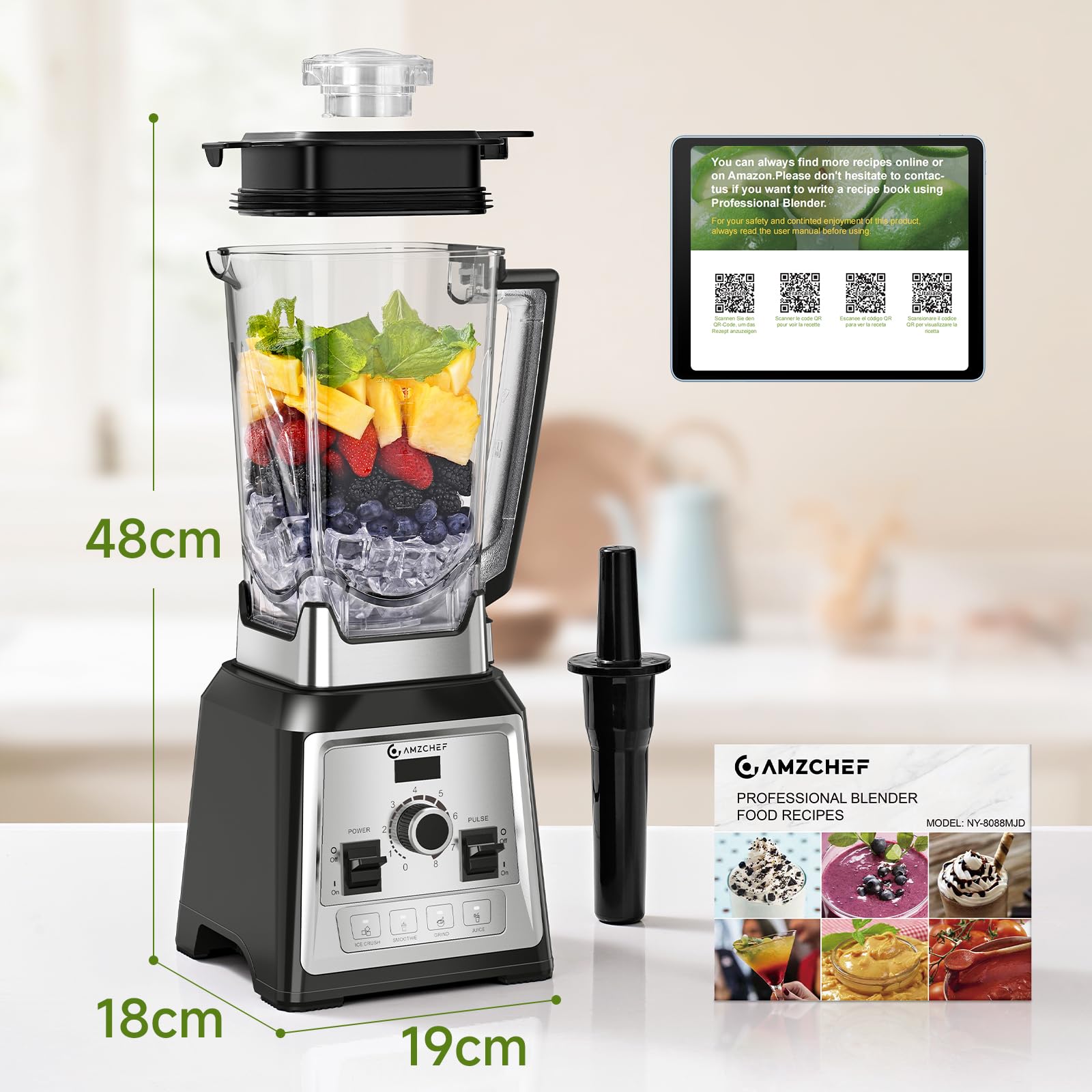 AMZCHEF Blender Professionnel 2000W, Mixeur Puissant 2L, 8 Vitesses & 4 Programmes, Blender Smoothie et Glace Pilée, 25000 Tr/min, 8 Lames Inox, Sans BPA pour Fruits Congelés et Cuisine